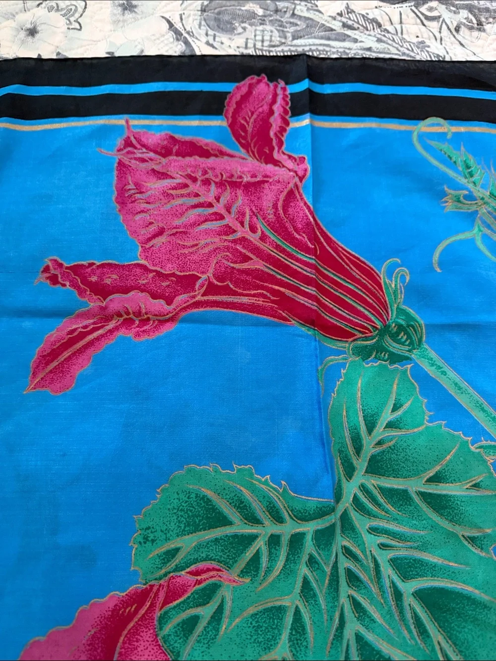 Vintage Thai silk 100% Blue Floral Square Scarf with Pink Bloom